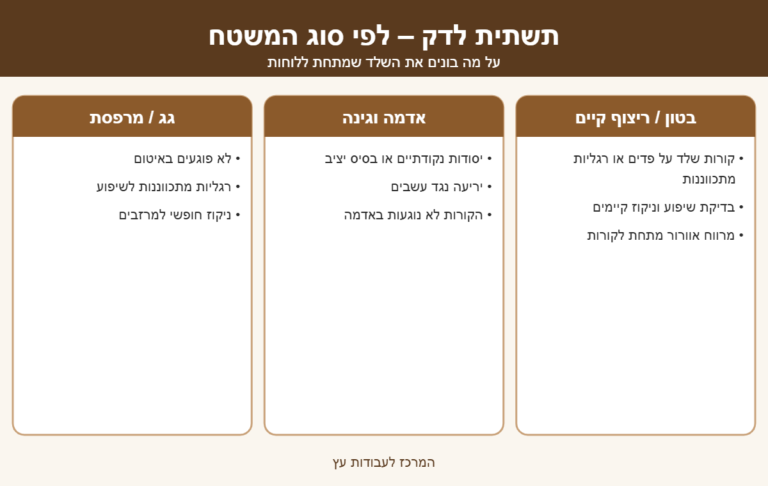 אינפוגרפיקה: סוגי תשתית לדק לפי משטח – בטון או ריצוף קיים, אדמה וגינה, גג או מרפסת