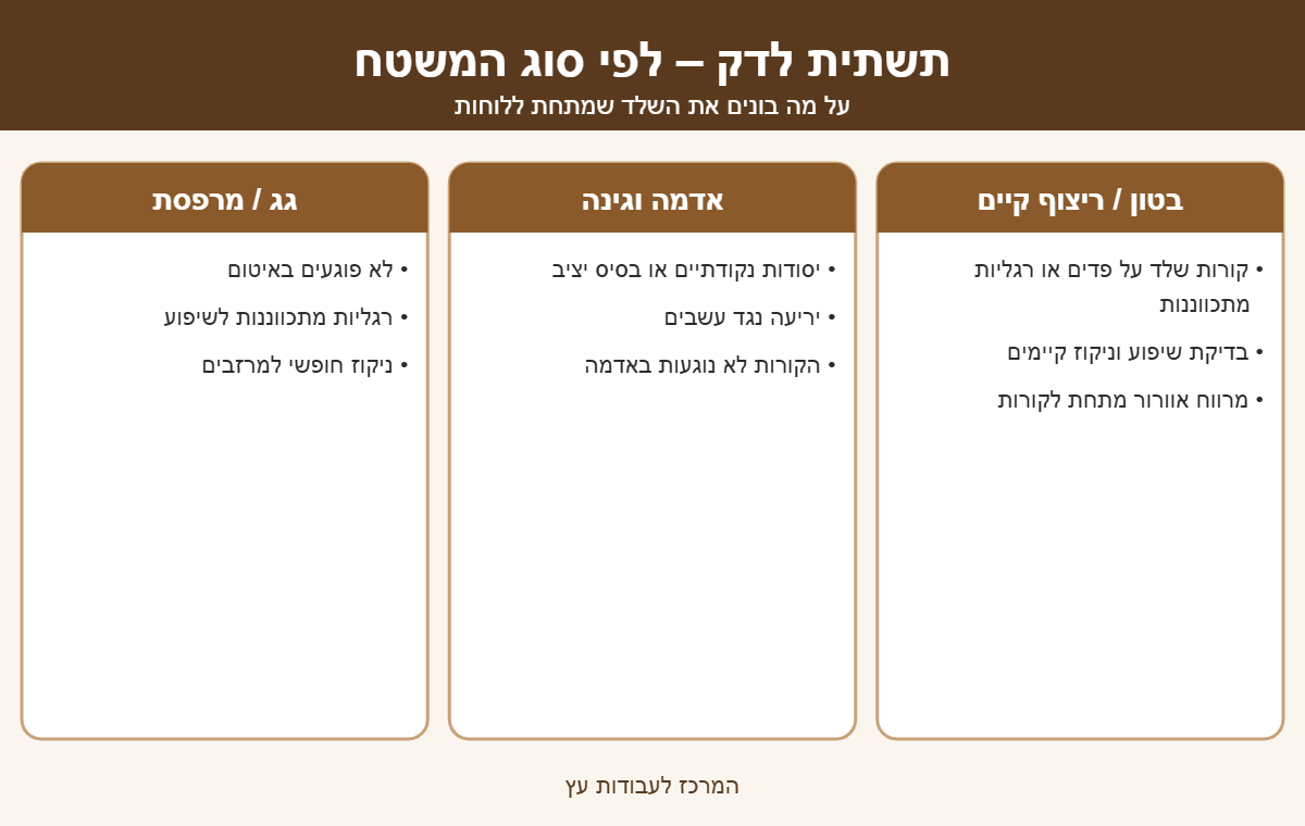 אינפוגרפיקה: סוגי תשתית לדק לפי משטח – בטון או ריצוף קיים, אדמה וגינה, גג או מרפסת
